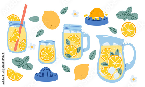 Homemade lemonade set. Fresh juicy lemon drinks and fruits. Tropic summer mint cocktails. Hand drawn vector illustration isolated on white background