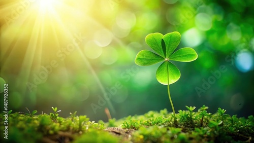 Lucky four-leaf shamrock sprout grows from vibrant green stem on lush foliage, foliage, spring,  foliage
