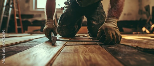 Obraz na płótnie Hardwood floor installation by a professional worker w salonie
