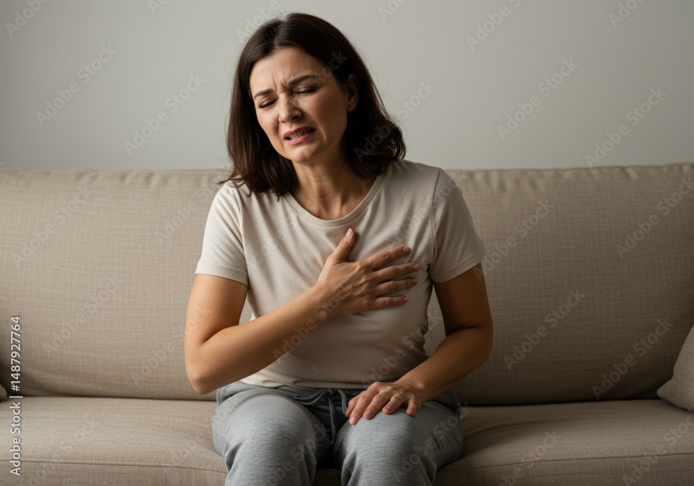 © Ozz - A woman clutches her chest, visibly in distress, possibly experiencing chest pains while at home. © Ozz - A woman clutches her chest, visibly in distress, possibly experiencing chest pains while at home.