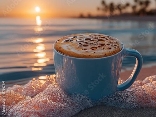 A serene sunrise scene featuring a steaming cup of cappuccino nestled on a sandy beach, gently lapped by ocean waves, creating a tranquil and idyllic moment. : Generative AI