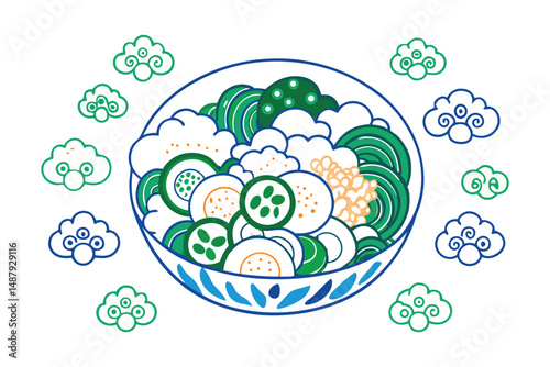 A top-down poke bowl with ingredients arranged in smooth, concentric cloud shapes