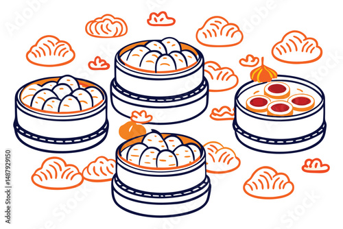 Bamboo steamers with cloud-edged dumplings and buns, arranged in perfect circles