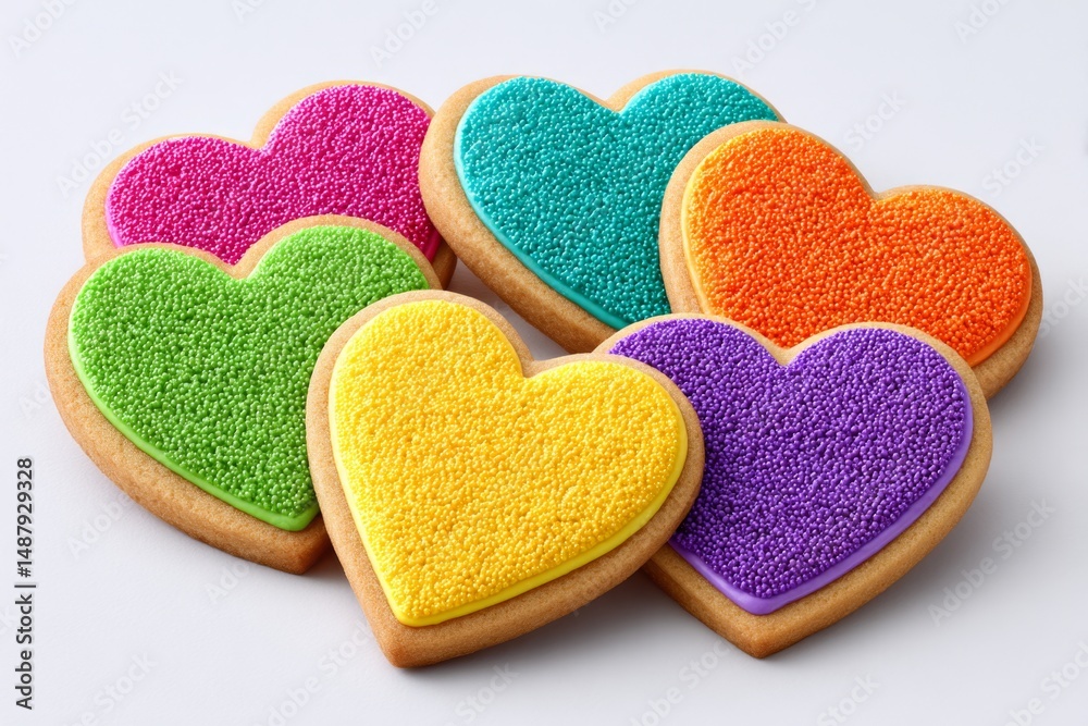 Fototapeta premium a realistic photo of heart-shaped sugar cookies decorated with colorful icing