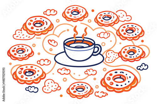 Donuts with icing clouds rotating around a coffee cup in a circular orbital path