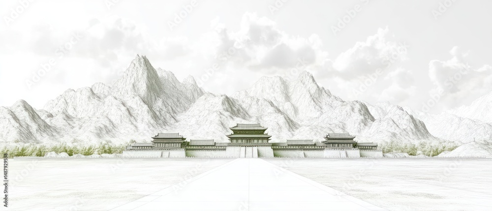 Ink wash sketch of a chinese palace