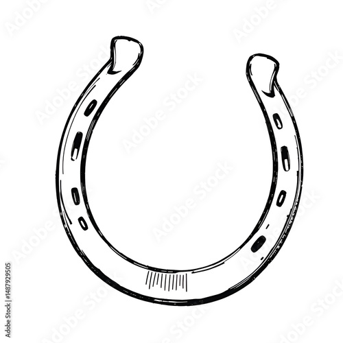 Horseshoe sketch engraving black and white outline. Scratch board imitation.  illustrated in vintage line art style on a white background.