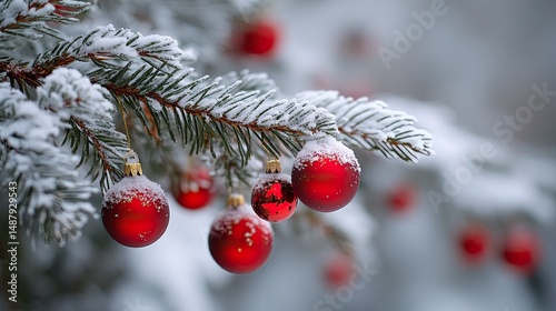 Fir Tree Branches with Red Ornaments and Winter Accents.