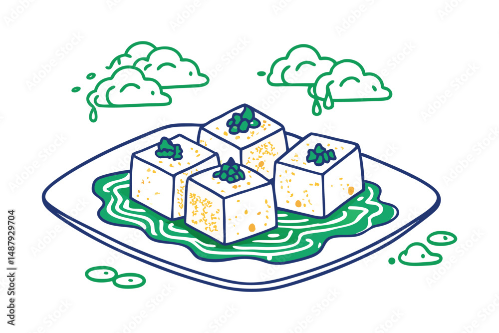 Fototapeta premium Lightly fried tofu cubes drawn like cloud blocks on a white platter, with dipping sauce puddles