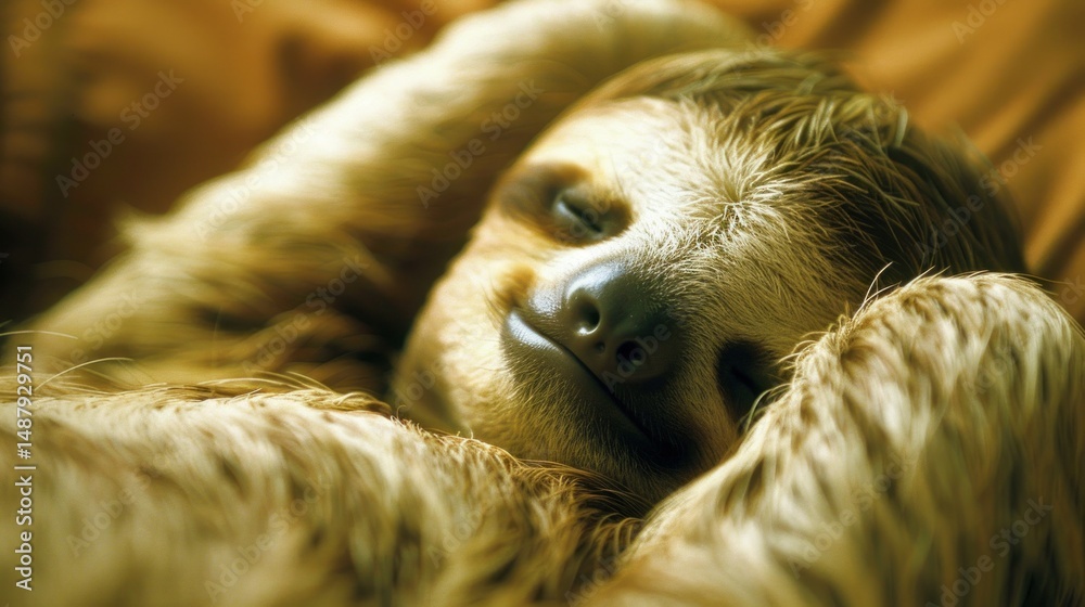 Fototapeta premium Close-up of a sleepy sloth resting stock photo --ar 16:9 --raw --v 6 Job ID: 012446cd-f0ae-4fc9-8026-595eaa730714