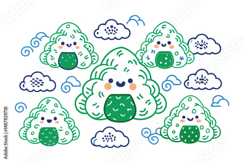 Japanese onigiri designed with soft cloud shapes and rounded seaweed wraps