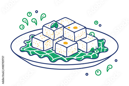 Lightly fried tofu cubes drawn like cloud blocks on a white platter, with dipping sauce puddles