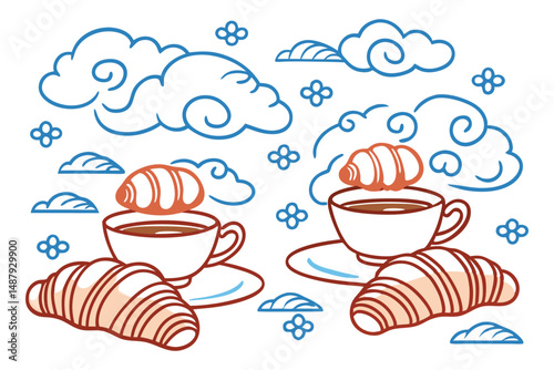 Puffy croissants paired with gently steaming cups, all drawn with cloud curves