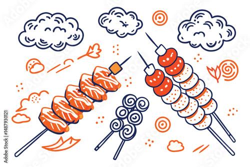 Skewered foods (kebabs, satay) arranged in soft curves and cloud-puff outlines of sauce drops
