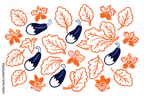 Stylized eggplants and leafy greens with fluffy shapes and soft stems arranged in a curved botanical layout
