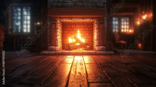 Fireplace Scene with Flaming Firewood.