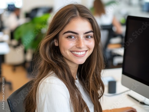 Happy woman smiling in modern office