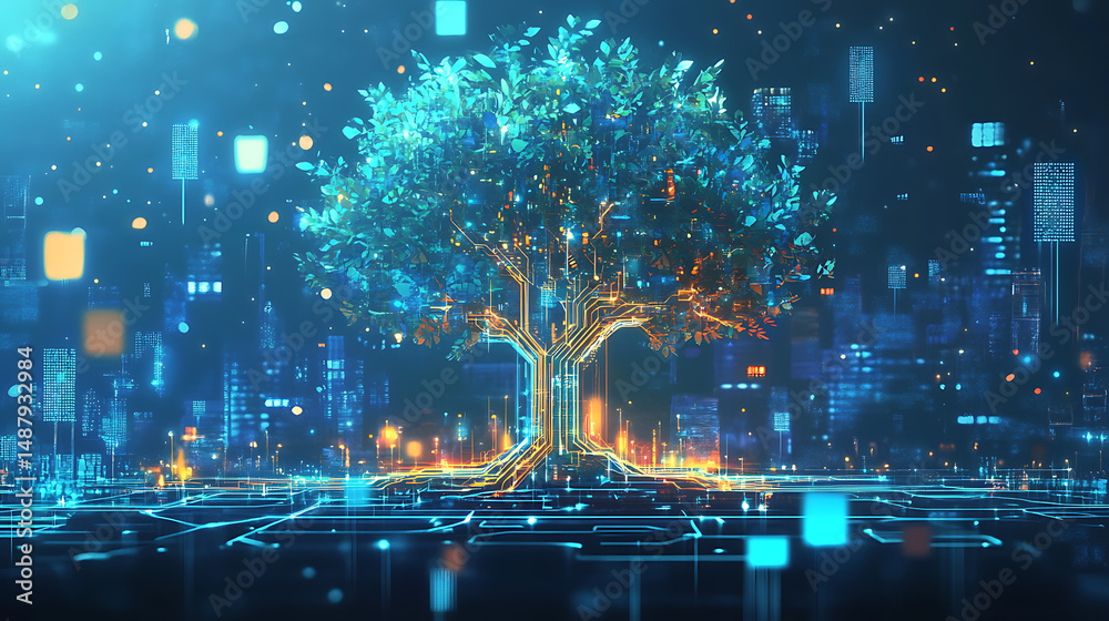 Digital tree in a futuristic cityscape, illuminated by neon lights, symbolizing technology and nature Digital tree in a futuristic cityscape, illuminated by neon lights, symbolizing technology and nature