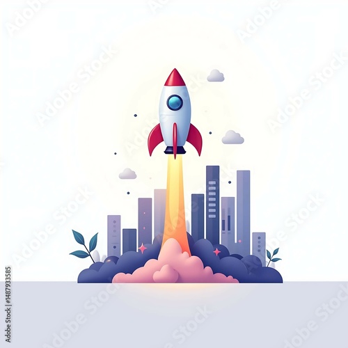 Flat vector illustration of a rocket launching from a rising bar graph, symbolizing startup growth, financial acceleration, business success, innovative strategy, and digital launch momentum

