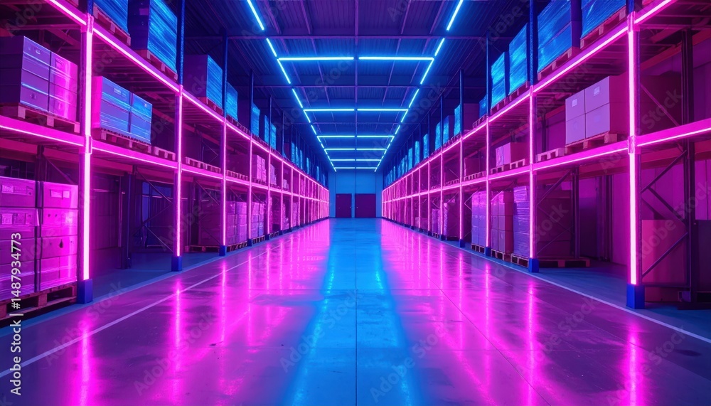 Fototapeta premium Vibrant Neon-Lit Fulfillment Center with Pallet Racking and Glow