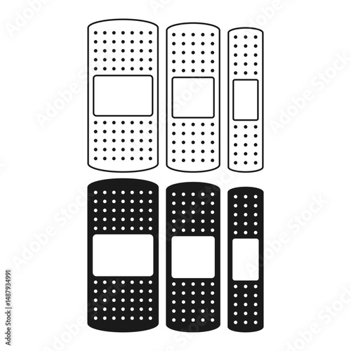 Sticky Plaster Flat Black and Outline Style. Plaster Icon for First Aid. Medical Health Plaster on White Background.