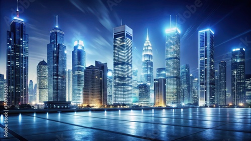 Cityscape at night with shiny skyscrapers, nighttime scene