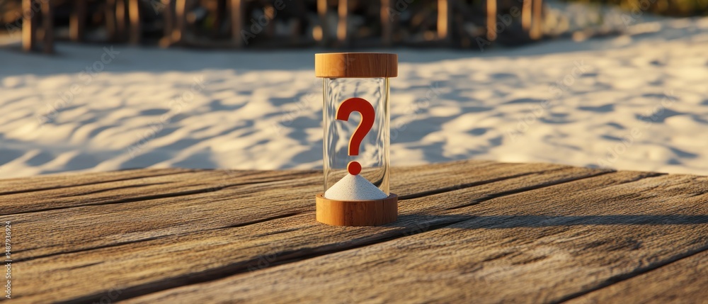 Hourglass on wooden beach surface with question mark