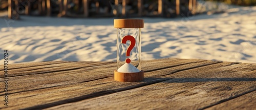 Obraz na płótnie Hourglass on wooden beach surface with question mark w salonie