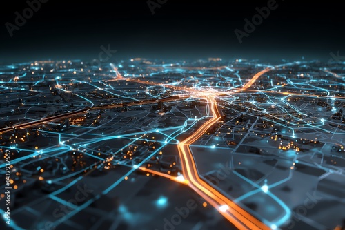 Cityscape network glowing lines urban connection