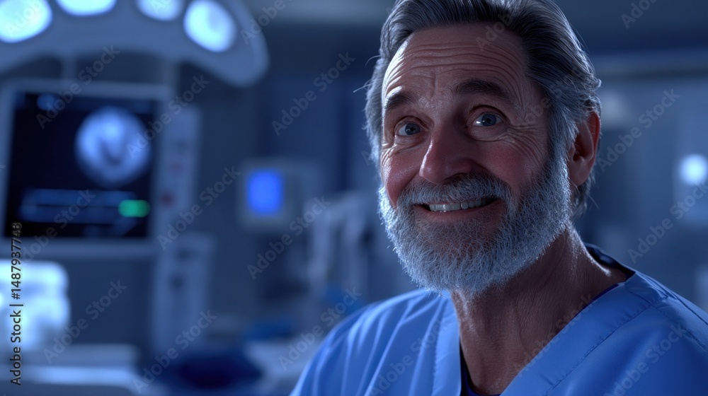 Smiling senior doctor in hospital operating room