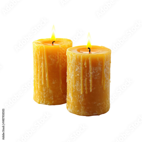 Two Lit Yellow Candles with Dripping Wax