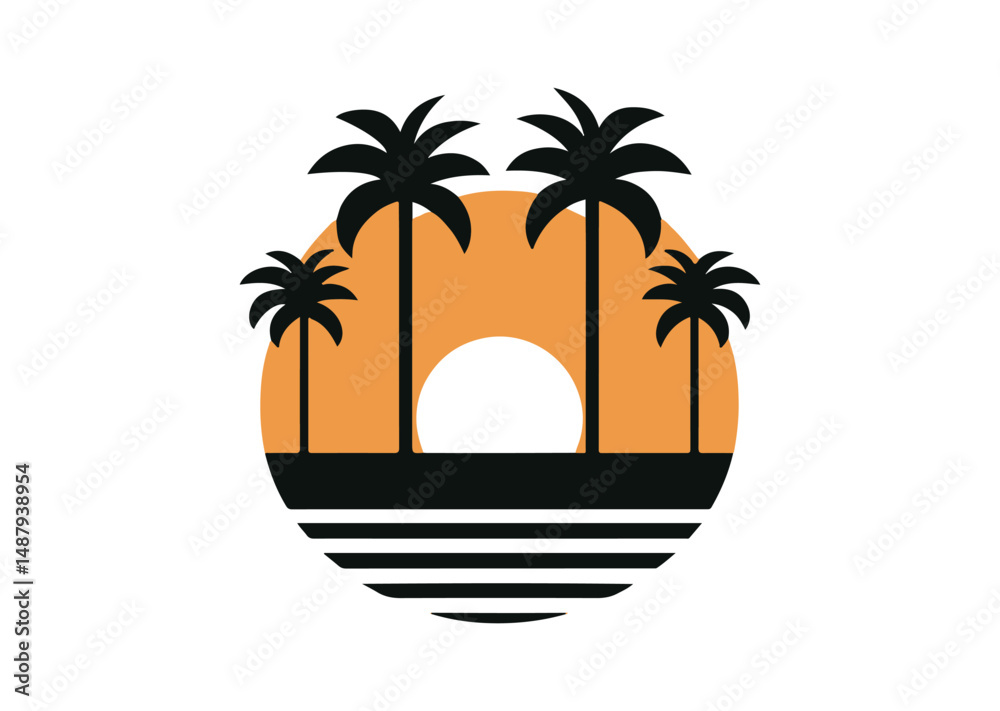 Fototapeta premium Sunset Minimalist and Palm Trees Silhouettes Vector