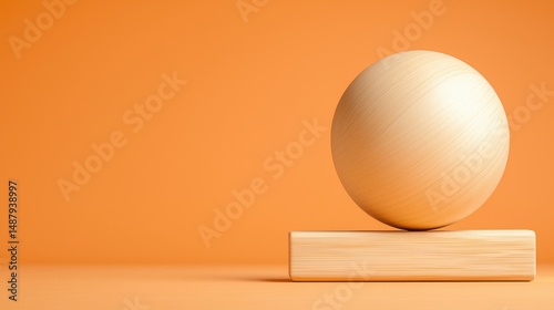 A perfectly balanced light wooden sphere rests delicately atop a simple rectangular wooden block against a warm orange background.