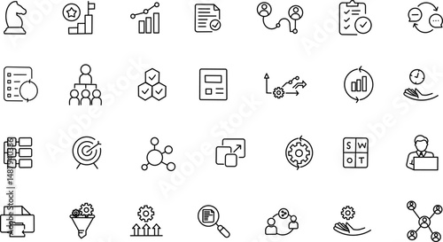 Business Architecture Stroke icon collections. Containing Growth, Time Management, Team, Strategy and more icons. Editable Stroke icon collection Outline icon