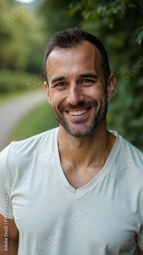 A cheerful White man in a beige t-shirt beams while standing on a serene green pathway surrounded by lush trees on a sunny day