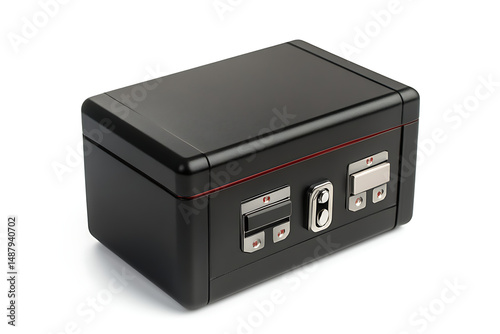 Sleek black security box with dual locks, placed on a clean surface, ideal for safe storage solutions