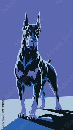 Bold and Powerful Doberman Illustration in Vibrant Blues and Blacks