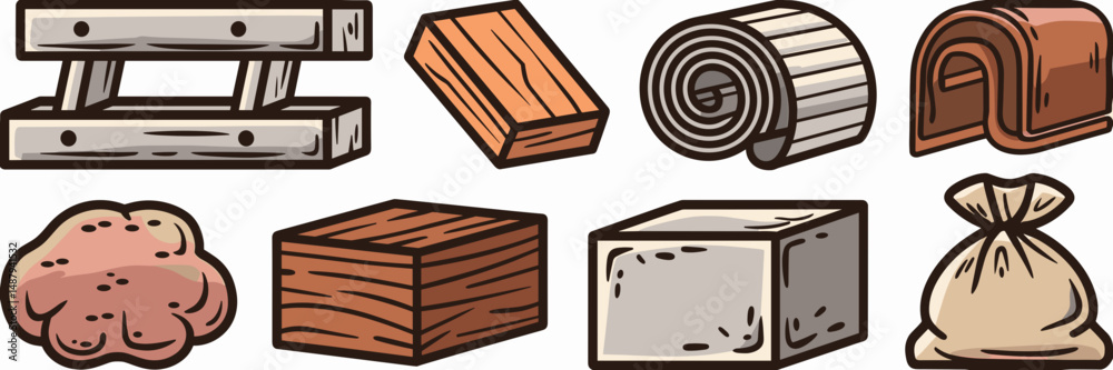 Assorted material icons including wood, fabric, and steel – Ideal for construction manuals, crafts resources, or educational posters Assorted material icons including wood, fabric, and steel – Ideal for construction manuals, crafts resources, or educational posters