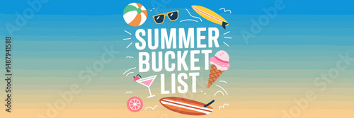 Vector icon of summer bucket list with beach ball, sunglasses, and ice cream – Great for seasonal printables, children’s activity sheets, or summer-themed digital products.