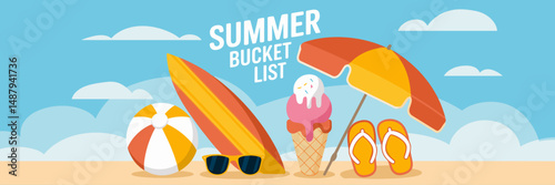 Summer bucket list illustration with beach icons on light blue background – Great for kids' planners, summer programs, or digital downloads