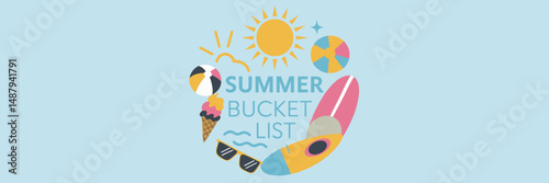 Vector icon of summer bucket list with beach-themed activities in circular layout – Great for seasonal campaigns, summer planning guides, or activity-themed merchandise