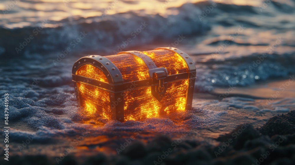 Glowing treasure chest on the beach at sunset