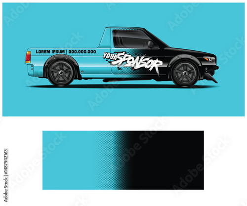 Customizable Blue and Black Pickup Truck Wrap Design Template