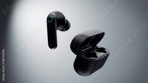 Sleek Wireless Earbuds Levitating with Charging Case on Minimalist Background