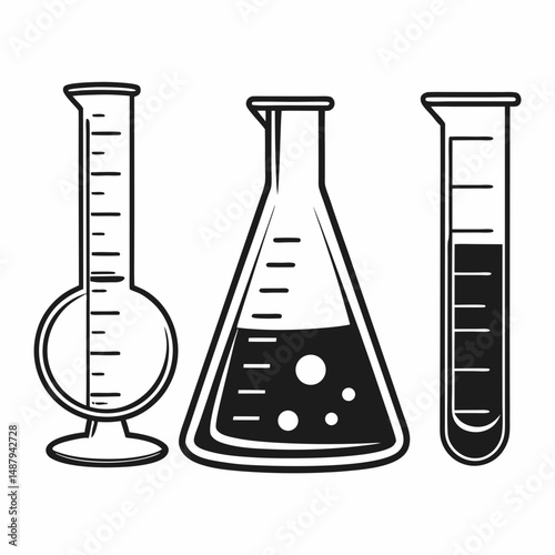 Three Black Lab Equipment Silhouettes – Beaker, Flask, Test Tube on White Background – Clean Chemistry Clipart Style