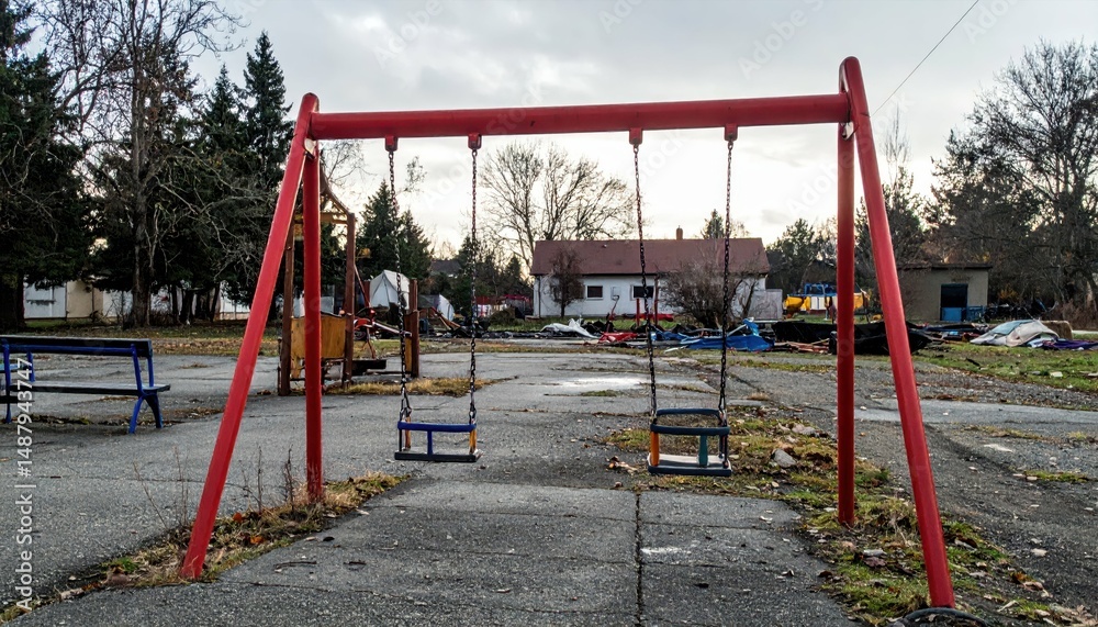 Fototapeta premium Empty Playground with Swings in Disaster Area After Abandonment