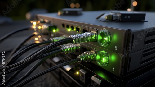 Close-up of network server equipment with glowing green fiber optic cables connected, showcasing advanced technology and data transfer. : Generative AI