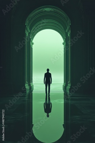 Obraz na płótnie Man walking through a green archway w salonie