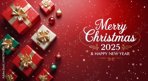 backgrounds and templates with Christmas theme,A simple, minimalist and traditional design,Decorations in the form of Christmas gifts and ornaments,Merry Christmas 2025 and happy New Year Greetings
