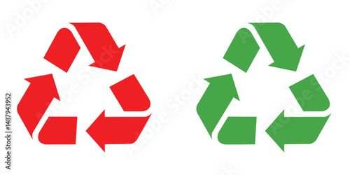 Red recycle symbol, green recycle symbol, recycling arrows, environmental icon, isolated on transparency background